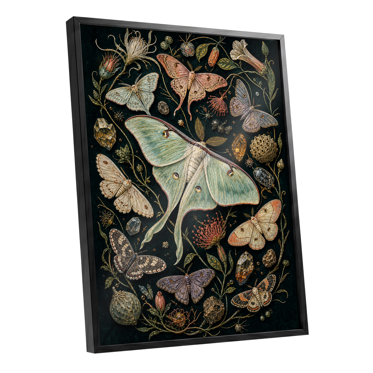 Gilded Moth Garden, black, green, beige nature wall art shown as a black framed poster wall art print
