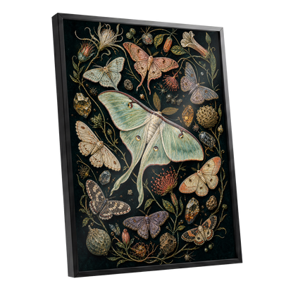 Gilded Moth Garden, black, green, beige nature wall art shown as a black framed poster wall art print