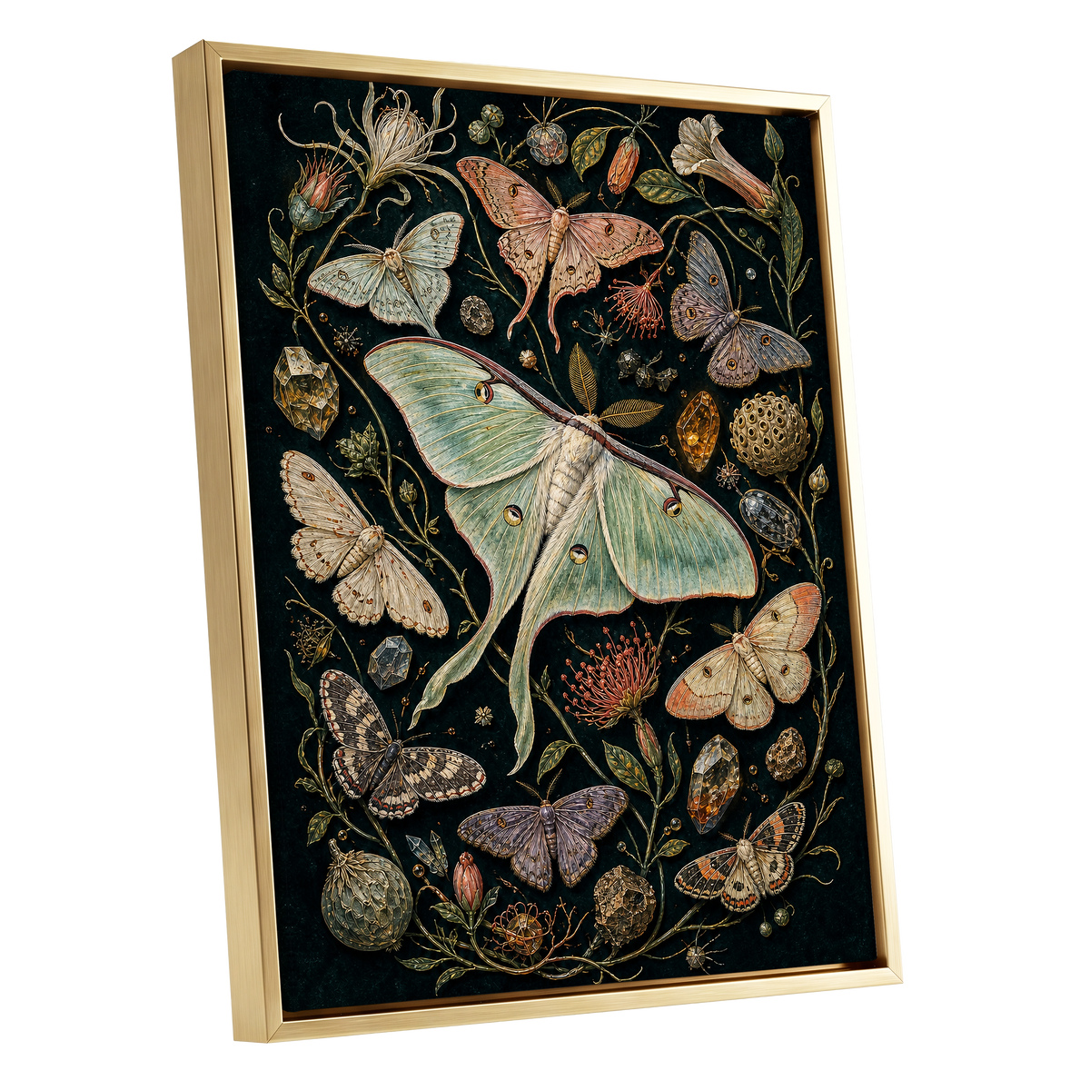 Gilded Moth Garden, black, green, beige nature wall art shown as a gold framed canvas wall art