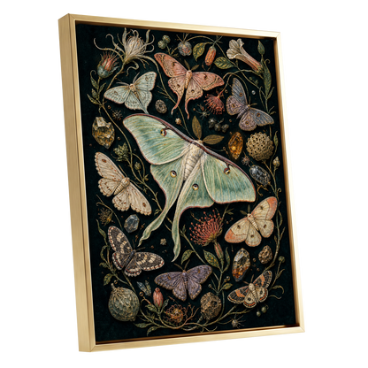 Gilded Moth Garden, black, green, beige nature wall art shown as a gold framed canvas wall art