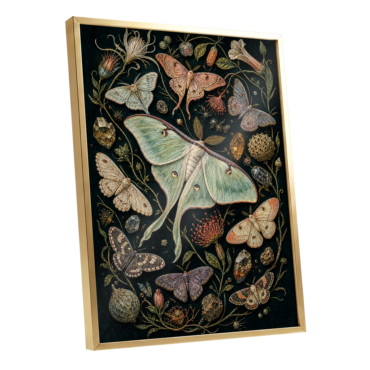 Gilded Moth Garden, black, green, beige nature wall art shown as a gold framed poster wall art print