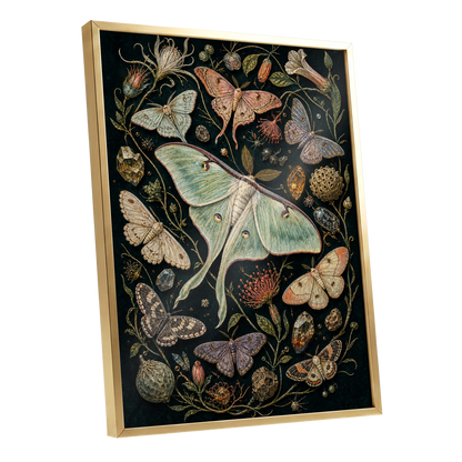 Gilded Moth Garden, black, green, beige nature wall art shown as a gold framed poster wall art print