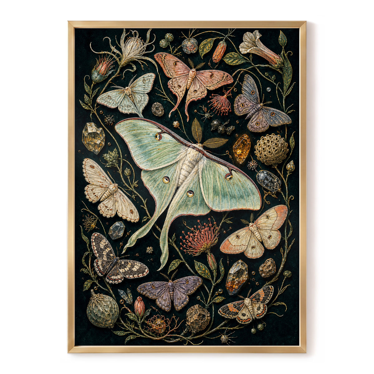 Gilded Moth Garden, black, green, beige nature wall art, front artwork view