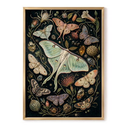Gilded Moth Garden, black, green, beige nature wall art, front artwork view