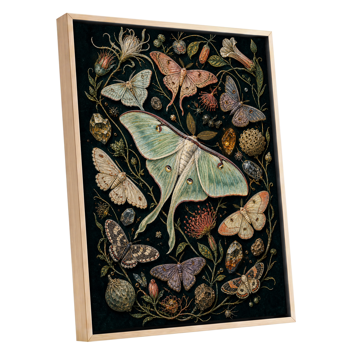 Gilded Moth Garden, black, green, beige nature wall art shown as a oak framed canvas wall art