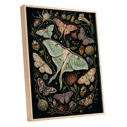Gilded Moth Garden, black, green, beige nature wall art shown as a oak framed canvas wall art
