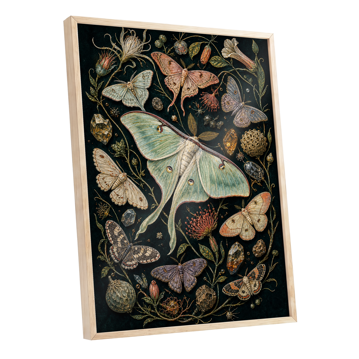 Gilded Moth Garden, black, green, beige nature wall art shown as a oak framed poster wall art print