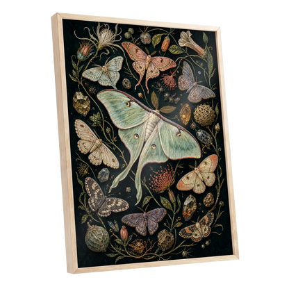 Gilded Moth Garden, black, green, beige nature wall art shown as a oak framed poster wall art print