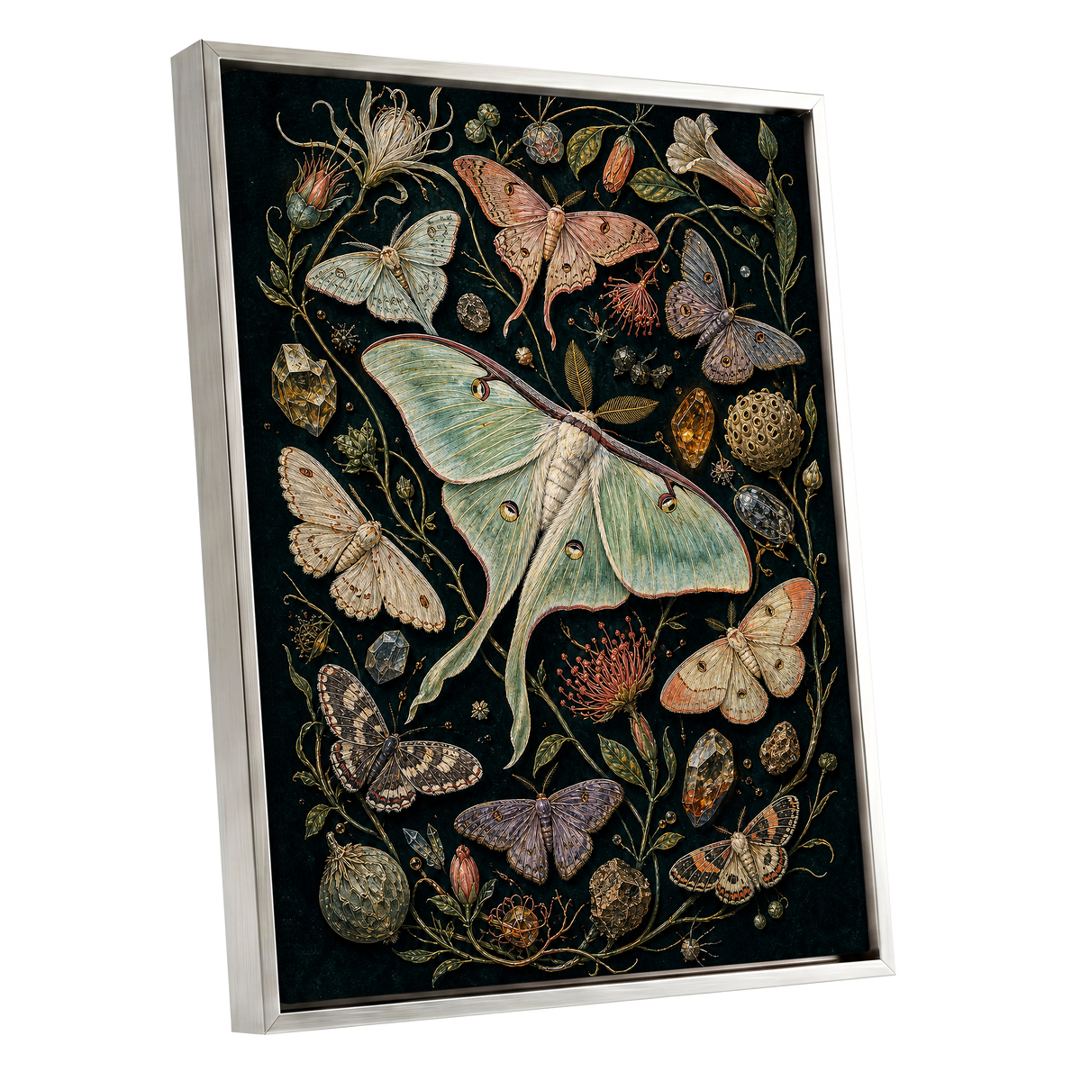 Gilded Moth Garden, black, green, beige nature wall art shown as a silver framed canvas wall art