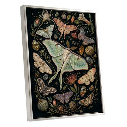 Gilded Moth Garden, black, green, beige nature wall art shown as a silver framed canvas wall art