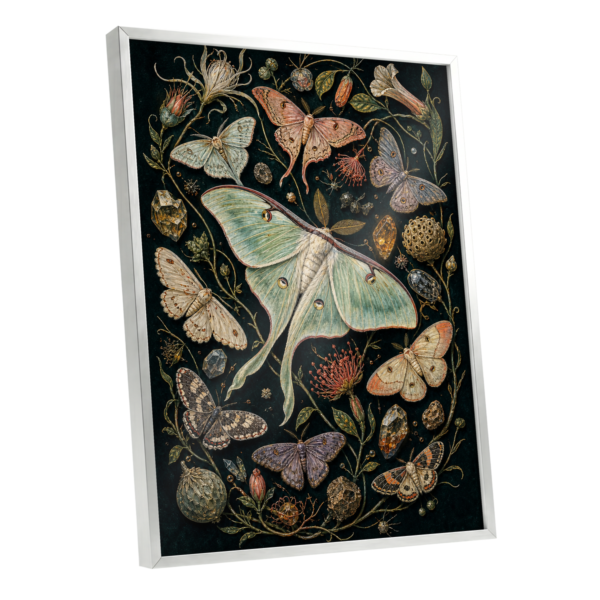 Gilded Moth Garden, black, green, beige nature wall art shown as a silver framed poster wall art print