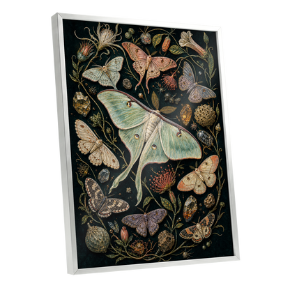 Gilded Moth Garden, black, green, beige nature wall art shown as a silver framed poster wall art print