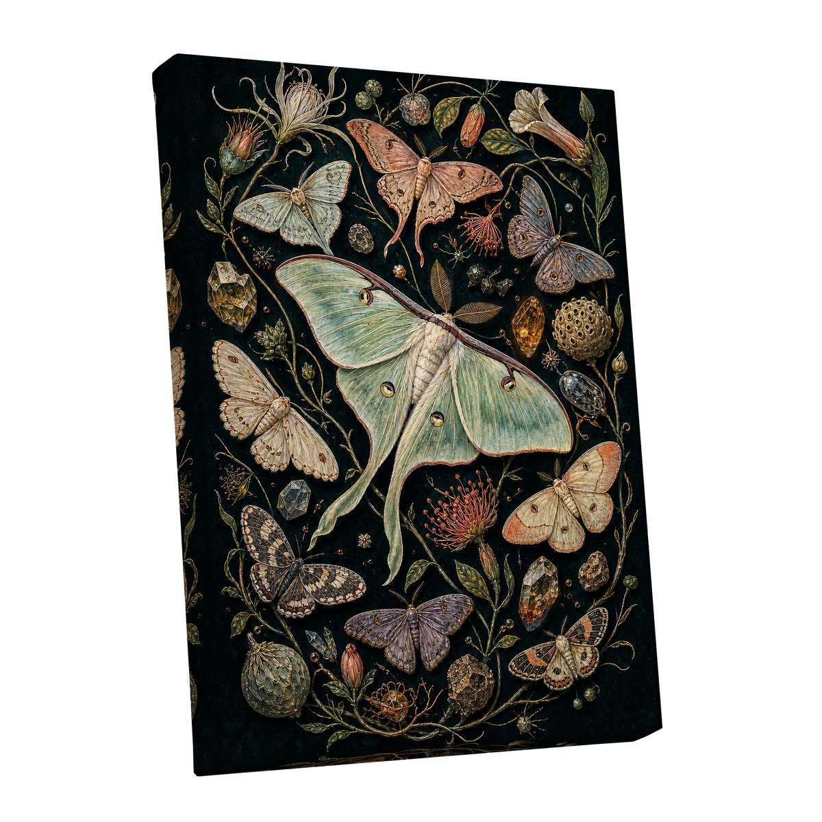 Gilded Moth Garden, black, green, beige nature wall art shown as a stretched canvas wall art