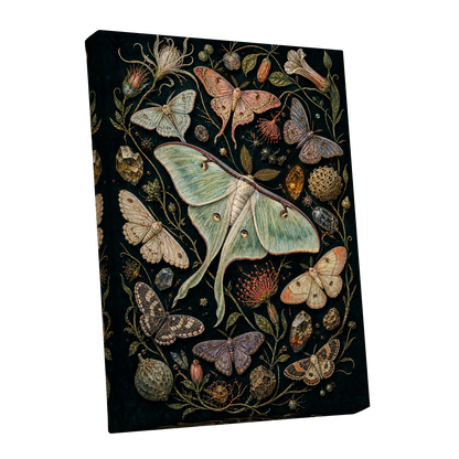 Gilded Moth Garden, black, green, beige nature wall art shown as a stretched canvas wall art