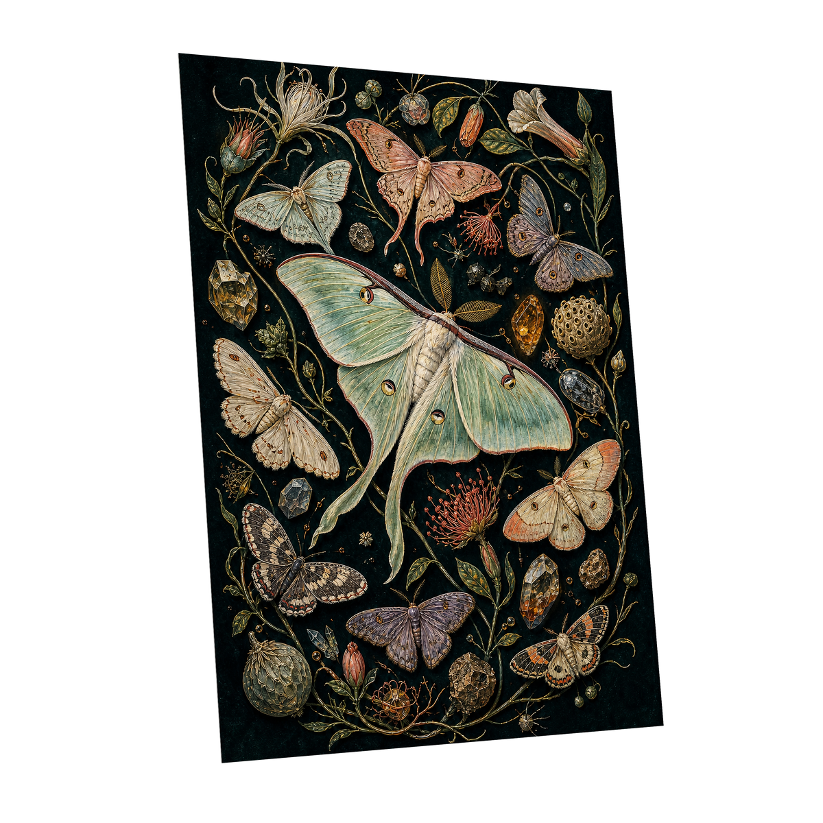 Gilded Moth Garden, black, green, beige nature wall art shown as a unframed poster wall art print