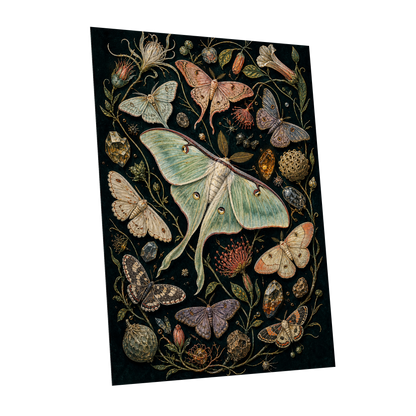 Gilded Moth Garden, black, green, beige nature wall art shown as a unframed poster wall art print
