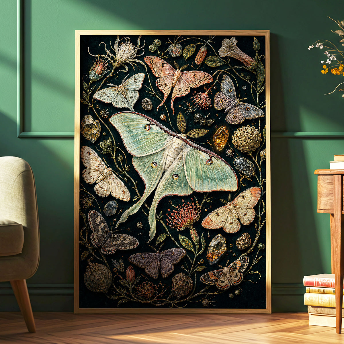 Gilded Moth Garden, black, green, beige nature wall art displayed in a styled interior, gallery view 2