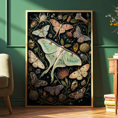 Gilded Moth Garden, black, green, beige nature wall art displayed in a styled interior, gallery view 2