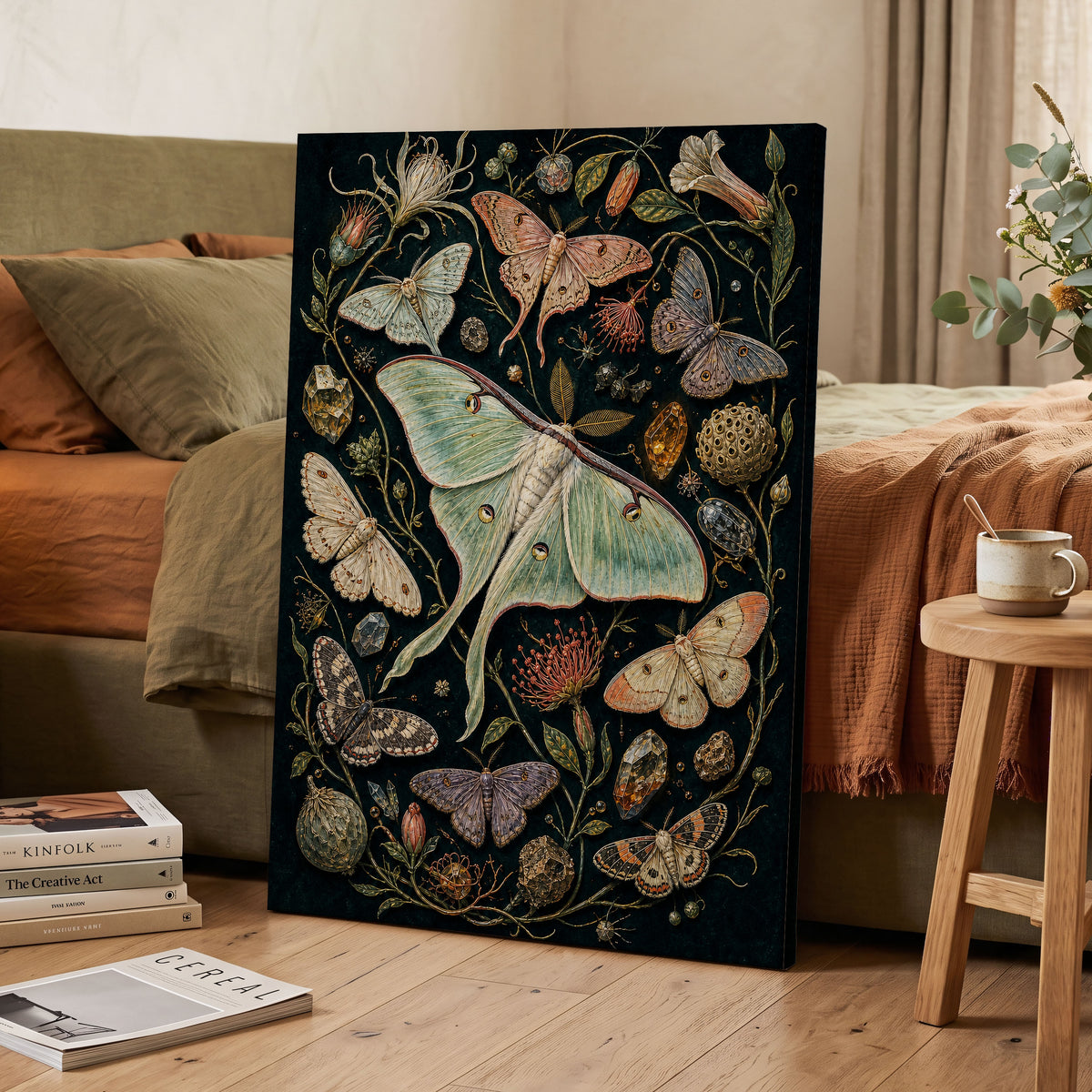 Gilded Moth Garden, black, green, beige nature wall art displayed in a styled interior, gallery view 3