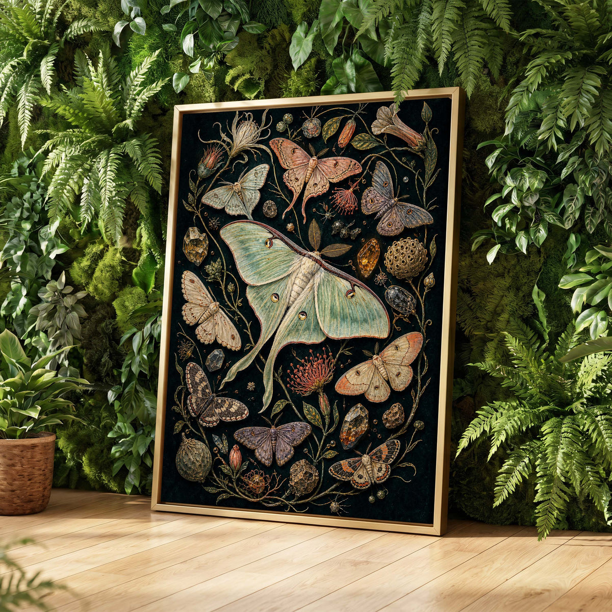 Gilded Moth Garden, black, green, beige nature wall art displayed in a styled interior, gallery view 4