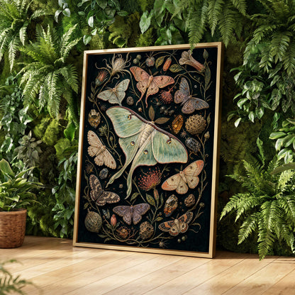 Gilded Moth Garden, black, green, beige nature wall art displayed in a styled interior, gallery view 4
