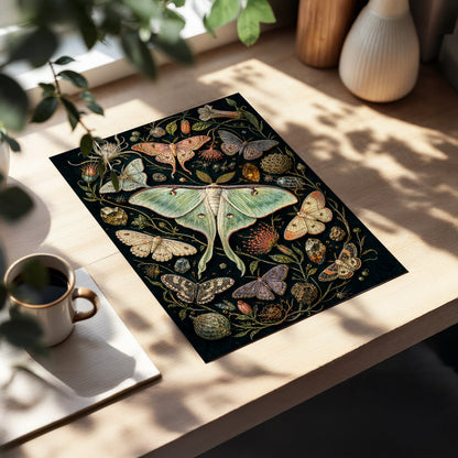 Gilded Moth Garden, black, green, beige nature wall art displayed in a styled interior, gallery view 5