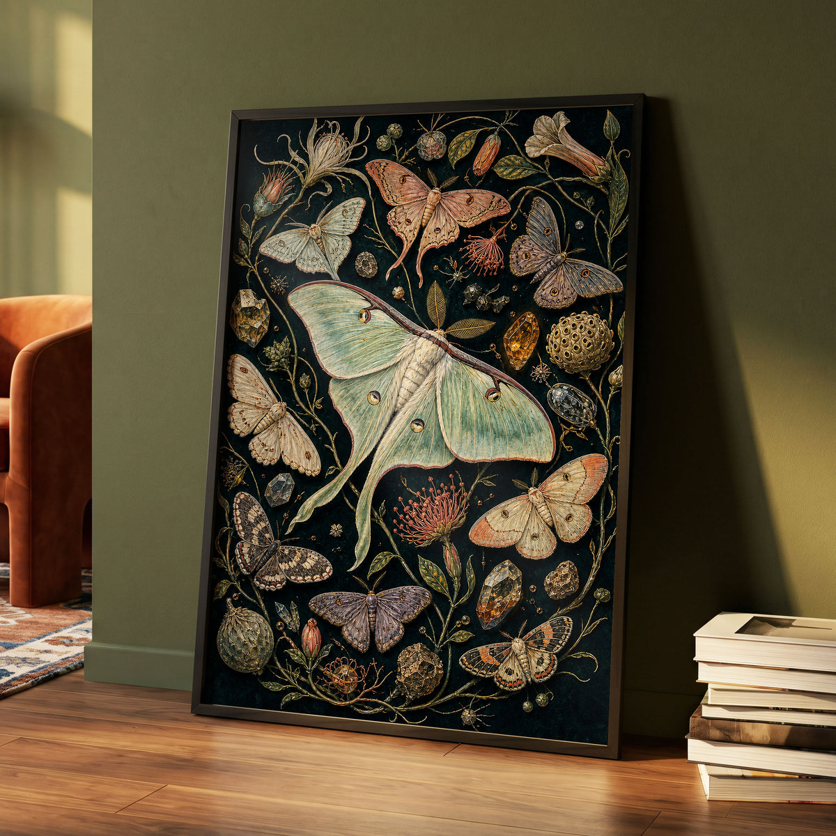 Gilded Moth Garden, black, green, beige nature wall art displayed in a styled interior, gallery view 6