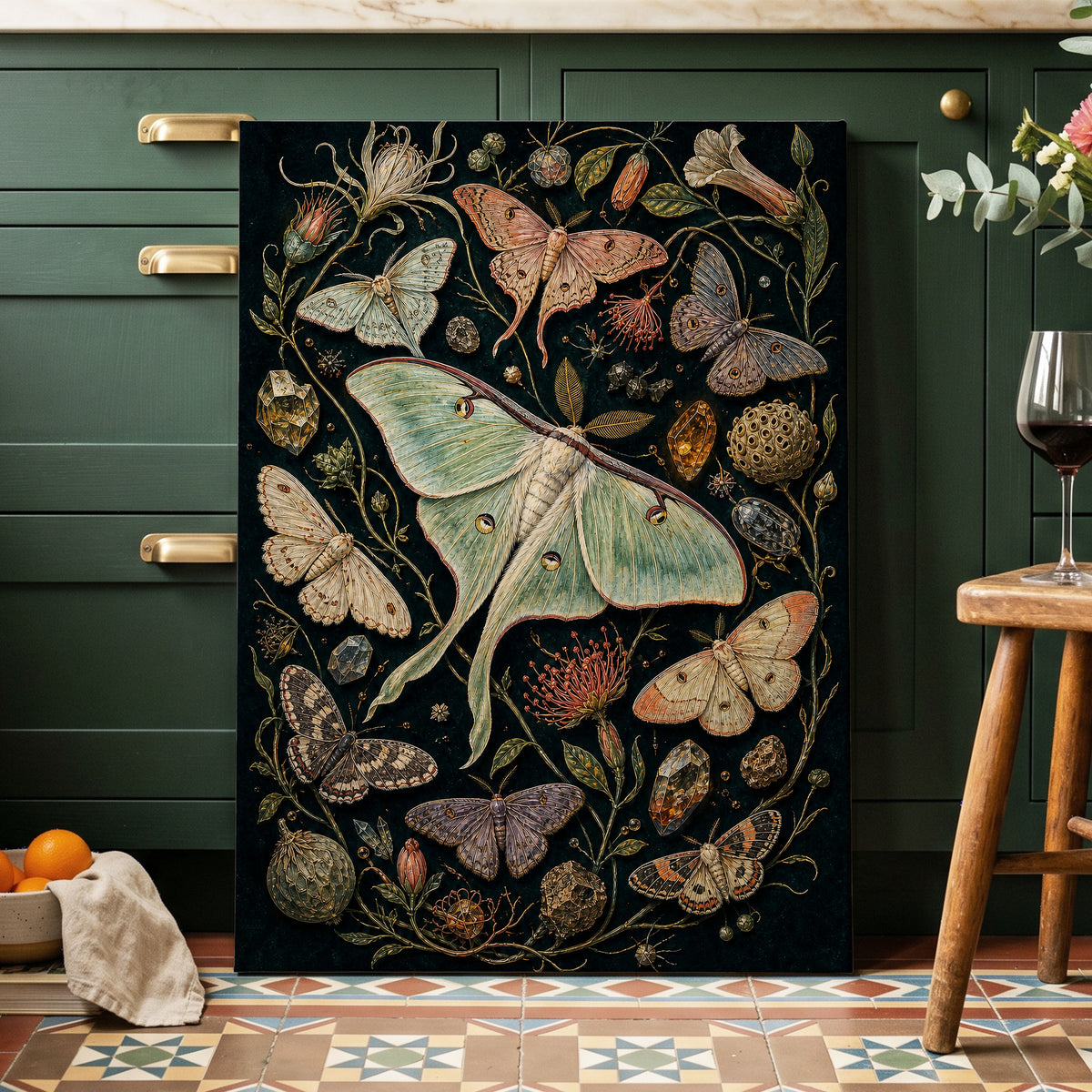 Gilded Moth Garden, black, green, beige nature wall art displayed in a styled interior, gallery view 7