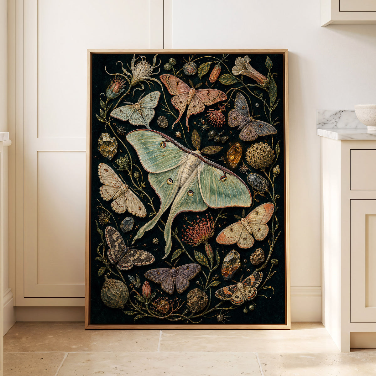 Gilded Moth Garden, black, green, beige nature wall art displayed in a styled interior, gallery view 8