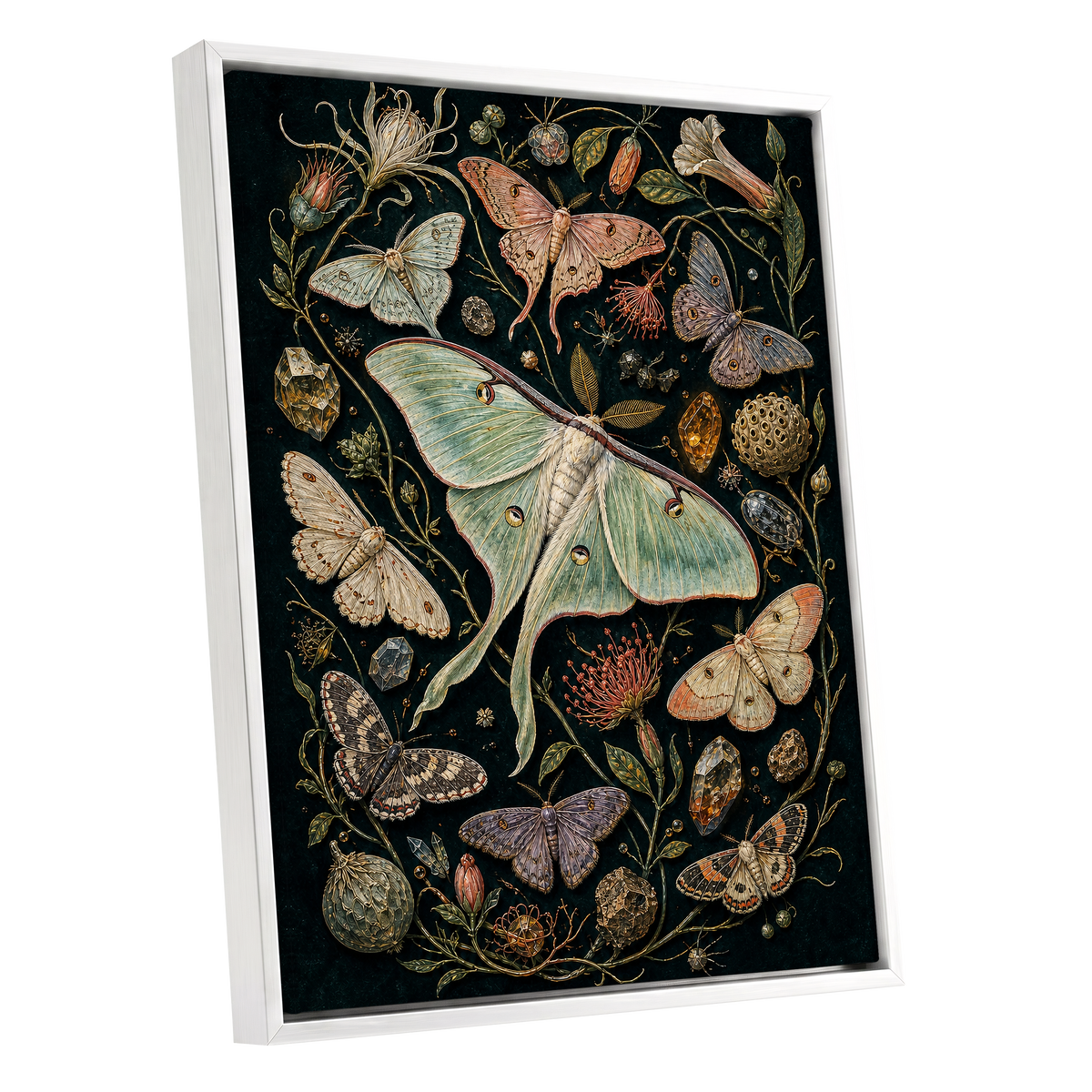 Gilded Moth Garden, black, green, beige nature wall art shown as a white framed canvas wall art