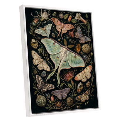 Gilded Moth Garden, black, green, beige nature wall art shown as a white framed canvas wall art