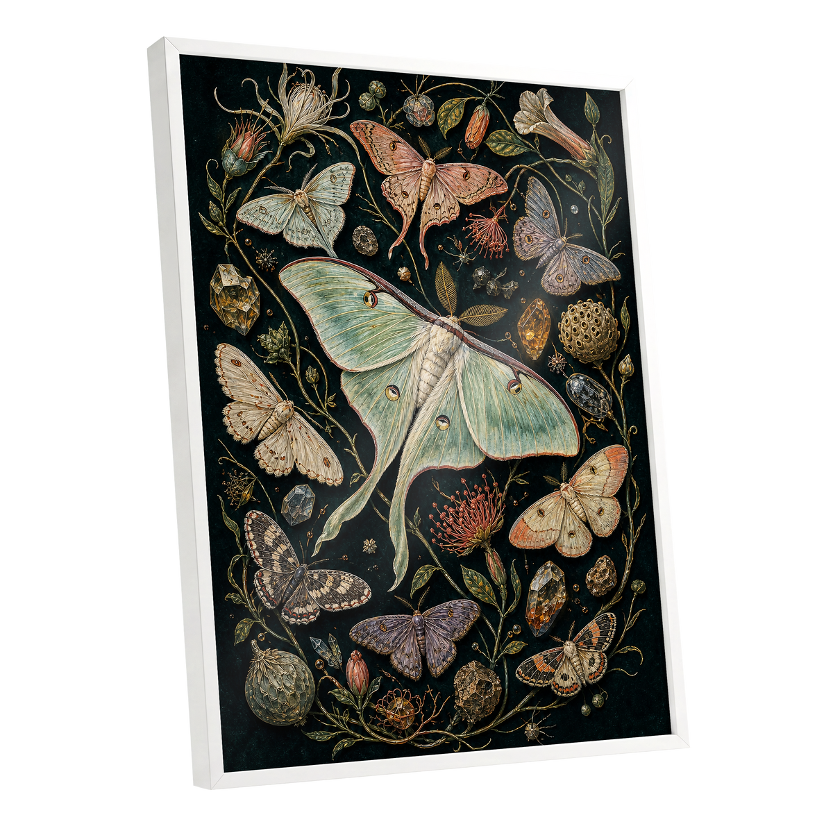 Gilded Moth Garden, black, green, beige nature wall art shown as a white framed poster wall art print