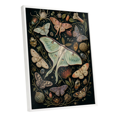 Gilded Moth Garden, black, green, beige nature wall art shown as a white framed poster wall art print