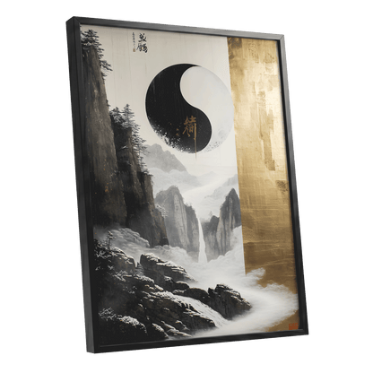 Gilded Mountain Balance, black, white, gold nature wall art shown as a black framed poster wall art print