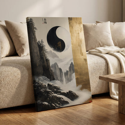 Gilded Mountain Balance, black, white, gold nature wall art on canvas displayed in a styled interior, gallery view 1