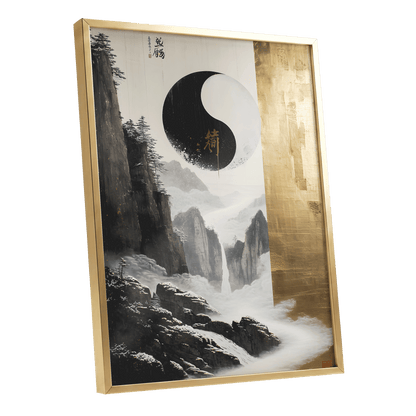 Gilded Mountain Balance, black, white, gold nature wall art shown as a gold framed poster wall art print