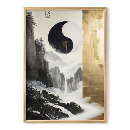 Gilded Mountain Balance, black, white, gold nature wall art, front artwork view