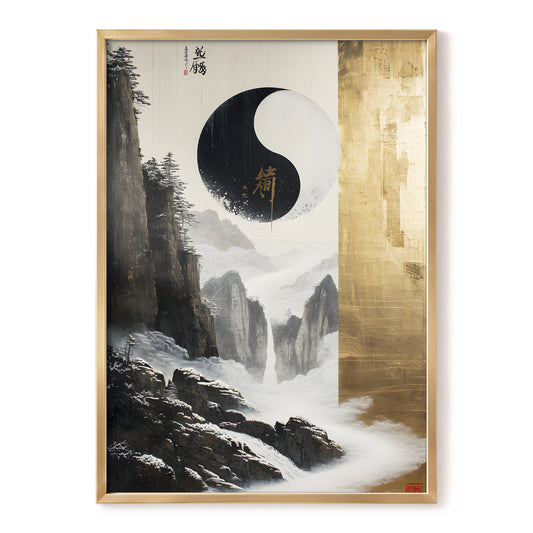 Gilded Mountain Balance, black, white, gold nature wall art, front artwork view