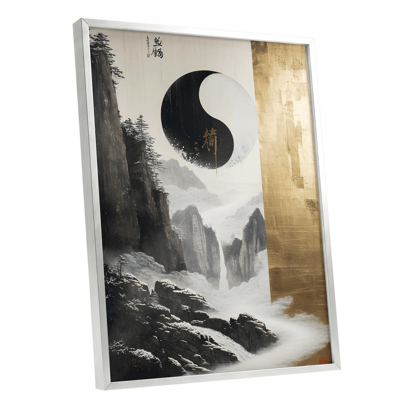 Gilded Mountain Balance, black, white, gold nature wall art shown as a silver framed poster wall art print