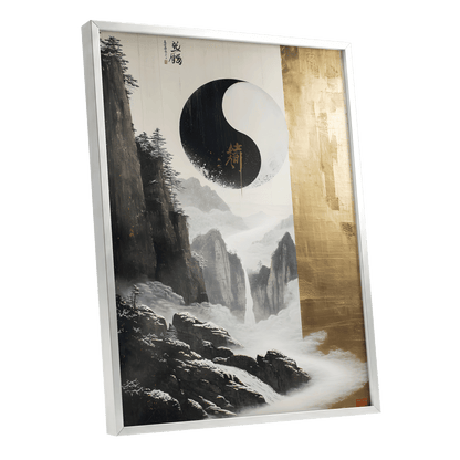 Gilded Mountain Balance, black, white, gold nature wall art shown as a silver framed poster wall art print