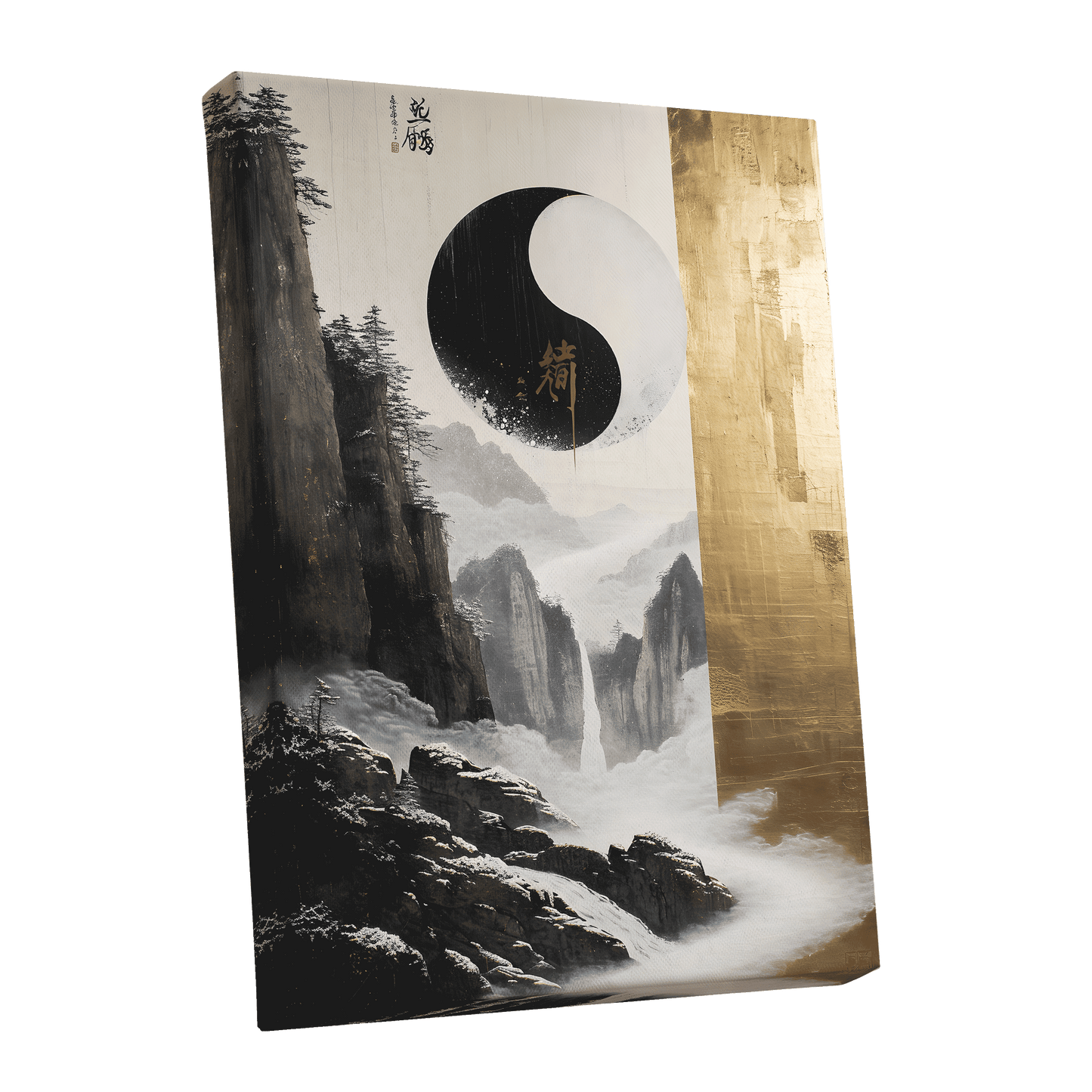 Gilded Mountain Balance, black, white, gold nature wall art shown as a stretched canvas wall art