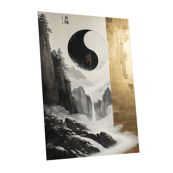 Gilded Mountain Balance, black, white, gold nature wall art shown as a unframed poster wall art print