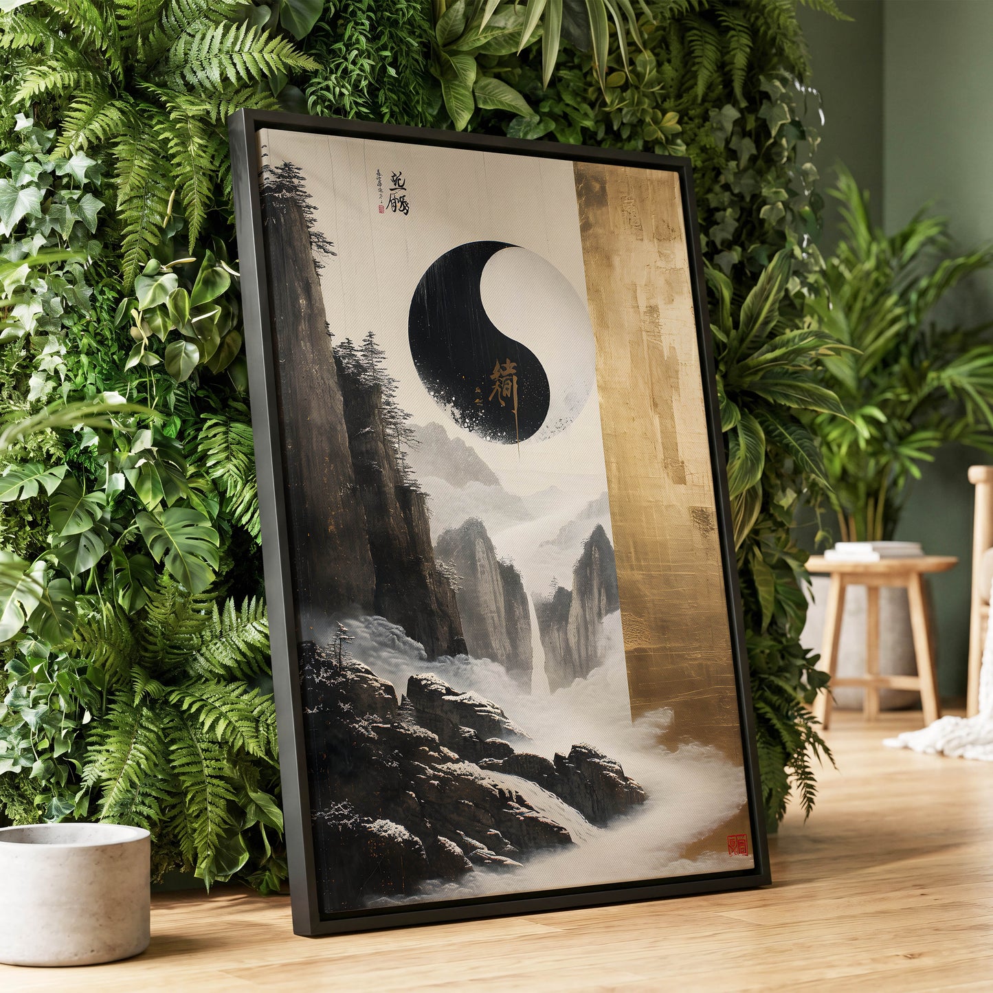 Gilded Mountain Balance, black, white, gold nature wall art displayed in a styled interior, gallery view 1