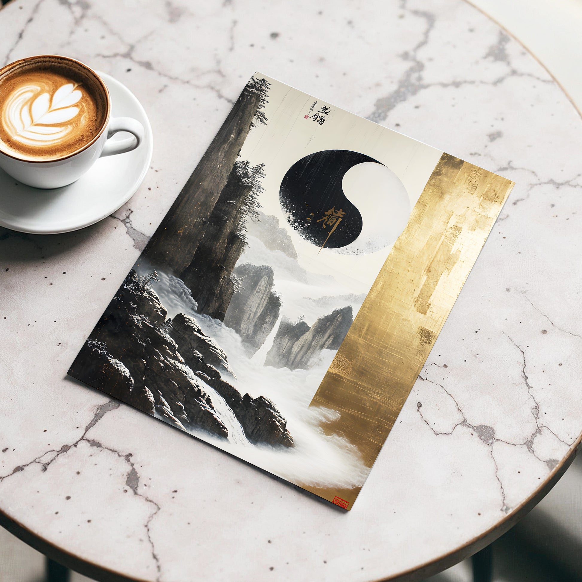 Gilded Mountain Balance, black, white, gold nature wall art displayed in a styled interior, gallery view 3
