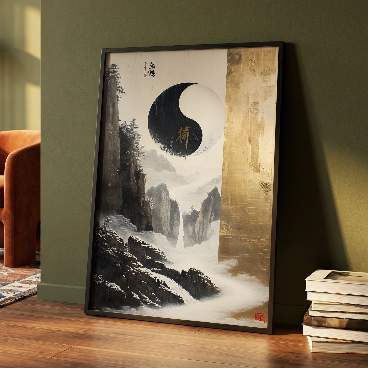 Gilded Mountain Balance, black, white, gold nature wall art displayed in a styled interior, gallery view 4