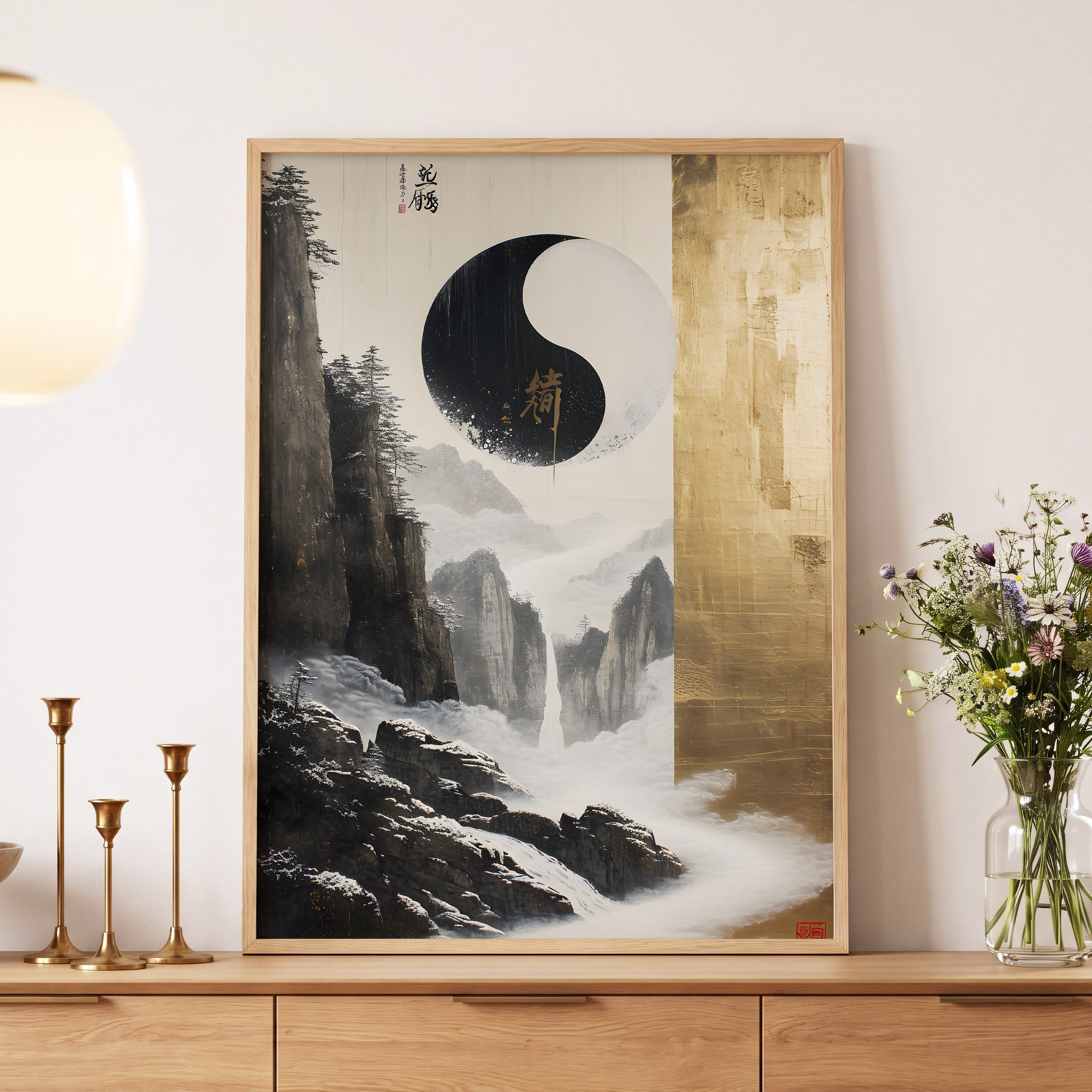 Gilded Mountain Balance, black, white, gold nature wall art displayed in a styled interior, gallery view 5