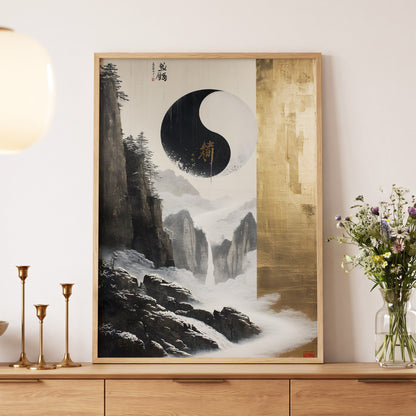 Gilded Mountain Balance, black, white, gold nature wall art displayed in a styled interior, gallery view 5