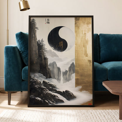 Gilded Mountain Balance, black, white, gold nature wall art displayed in a styled interior, gallery view 6