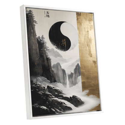 Gilded Mountain Balance, black, white, gold nature wall art shown as a white framed canvas wall art