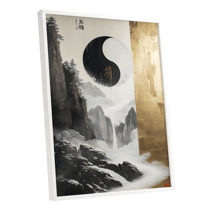 Gilded Mountain Balance, black, white, gold nature wall art shown as a white framed poster wall art print